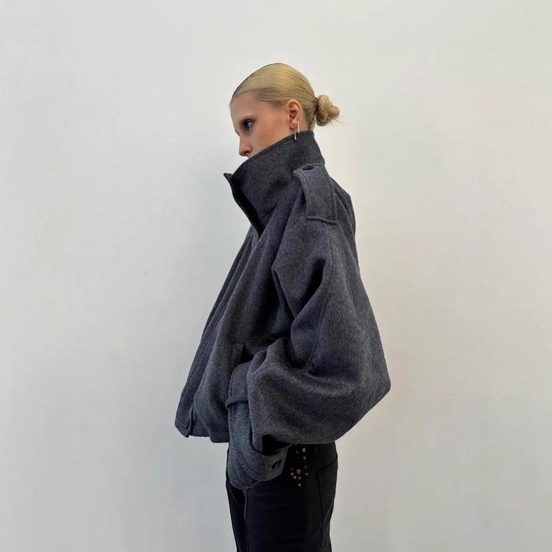High quality temperament grey stand-up collar woolen jacket women's autumn and winter loose casual jacket