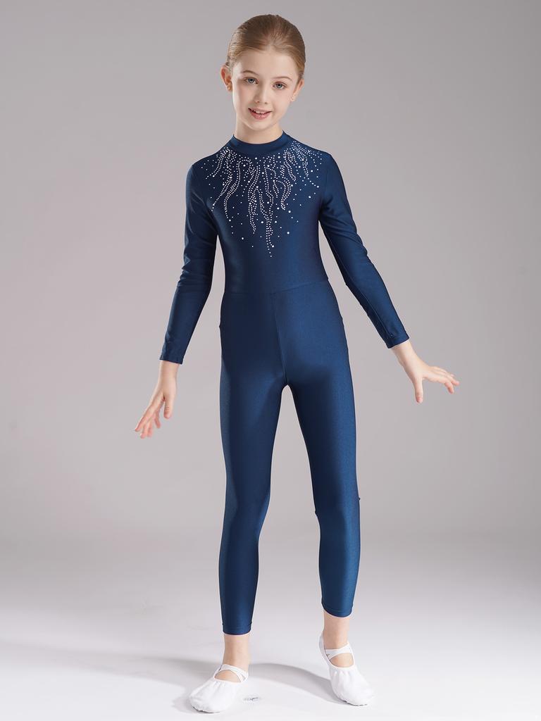 Комбинезон с длинными рукавами и стразами для девочек, балета, гимнастики, акробатики, йоги, растяжки на все тело, фигурного катания