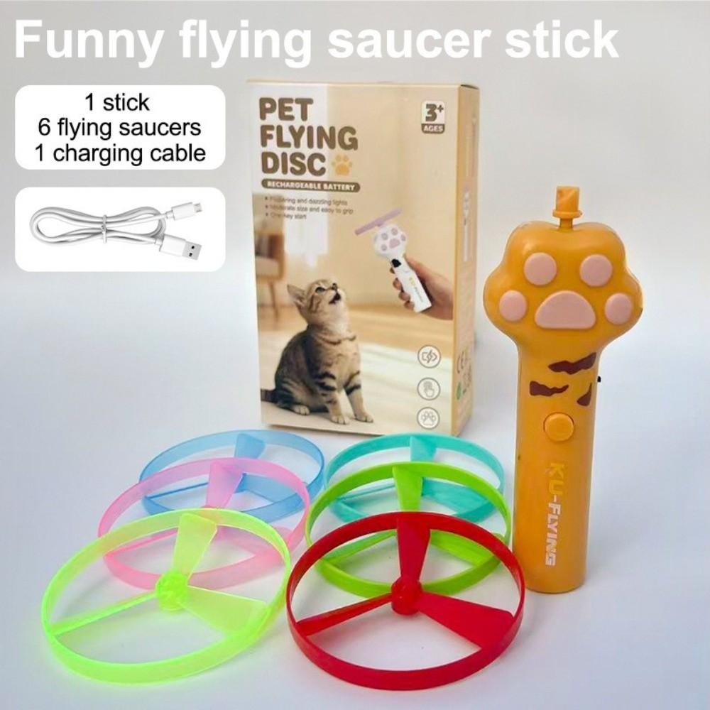 1 Set Interactive Cat Fetch Toy 6 Flying Discs Flying Saucer Stick Interactive Cat Toys Playtime