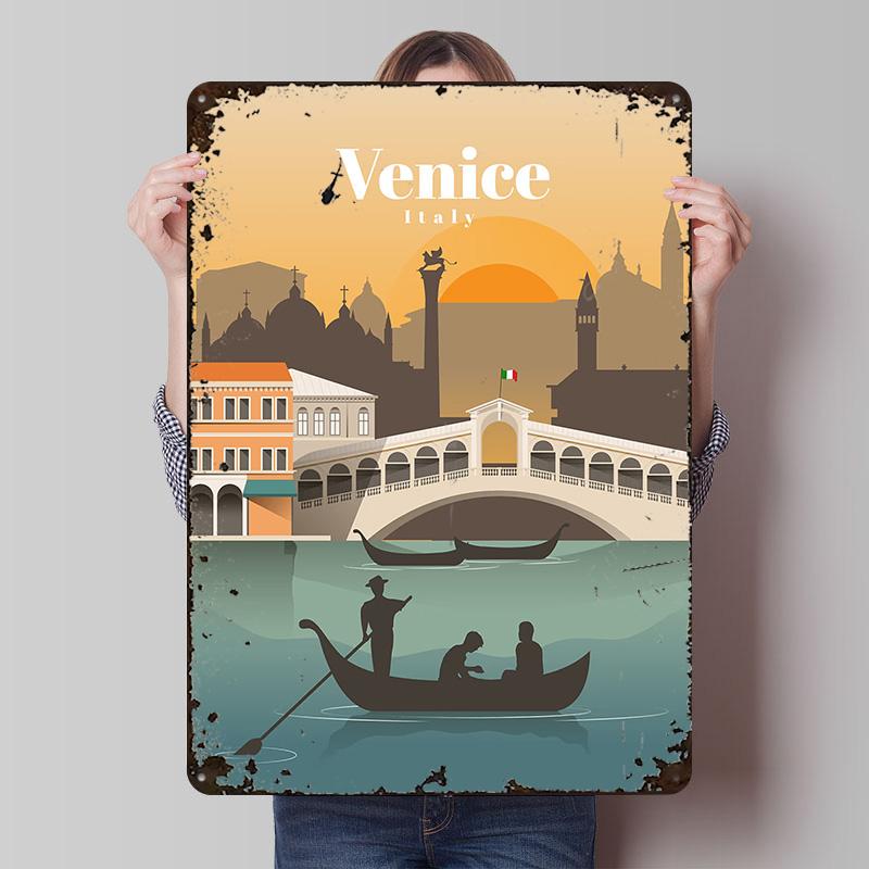 Travel to Venice Printed Poster Customized Wall Art Retro Vintage Metal Tin Signs for Home Living Room Decorations House Decor