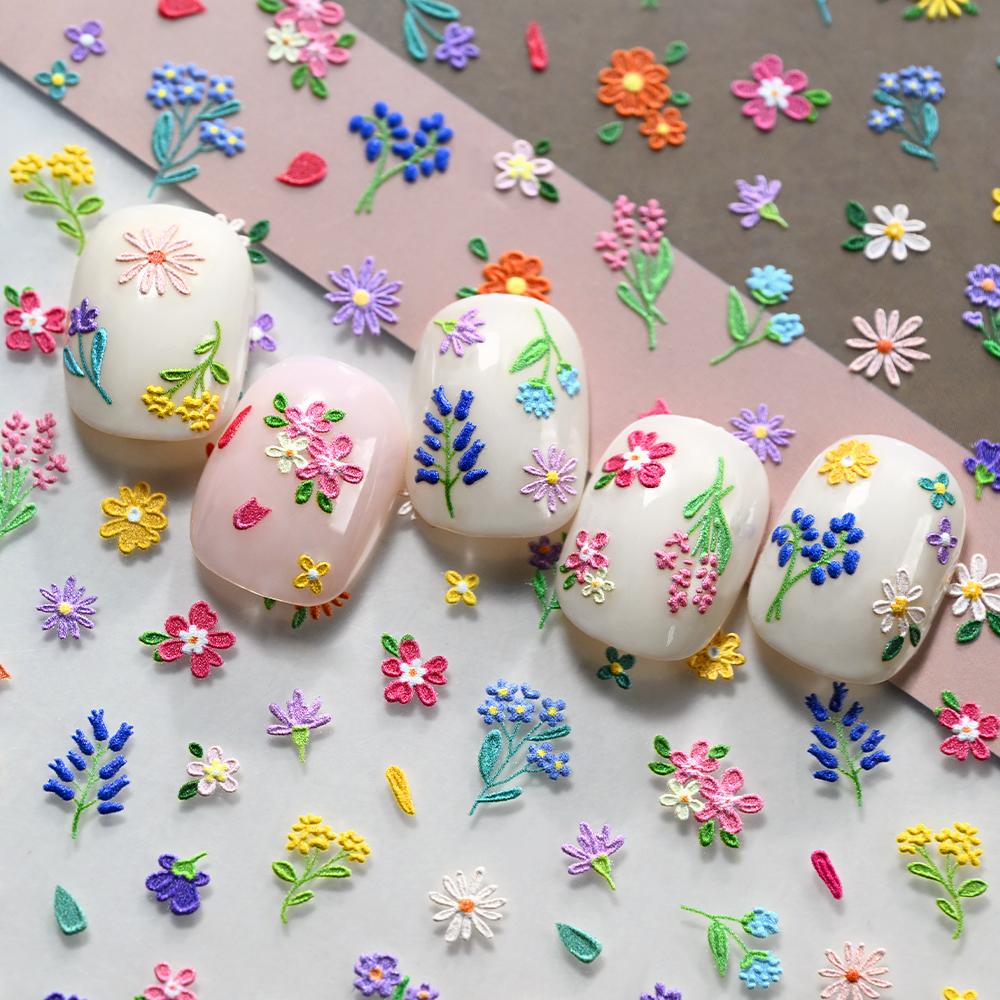 1pcs 5D Relief Cute Mini Flowers Nail Sticker Pink Purple Daisy/Green Leaves Nail Decals 8x10cm Mancure Kawaii Floral Decoration