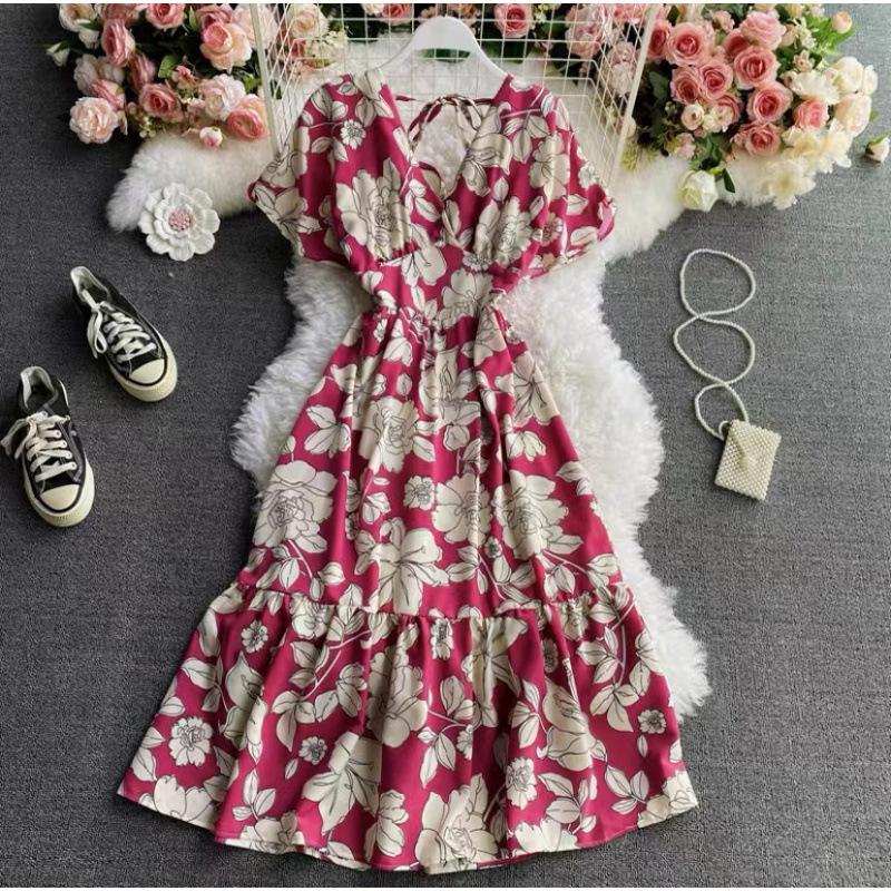 Summer French Platycodon Skirt Temperament V-Neck Waist Skinny Printed Over Knee Flared Sleeve Chiffon Floral Dress