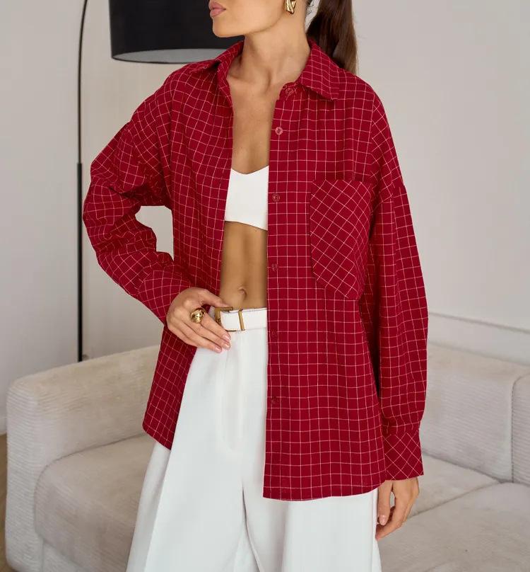 2026 Новая женская клетчатая рубашка с длинным рукавом свободного кроя большого размера - Повседневный и деловой стиль