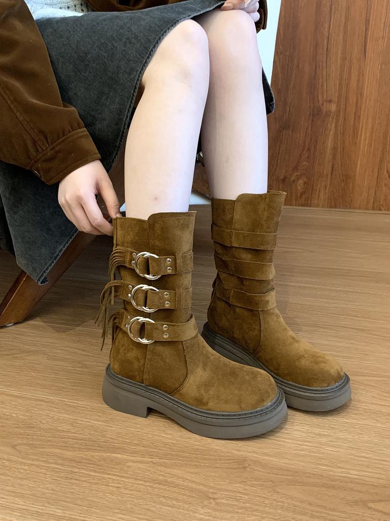 Thick-soled Medium Tube Martin Boots Women's Shoes 2025 New Black British Wind Locomotive Boots Short Boots Spring and Autumn Western Single Boots