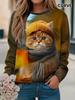 Plus Size Cat Print T-Shirt, Casual Crew Neck Long Sleeve Top For Spring & Fall, Women's Plus Size Clothing