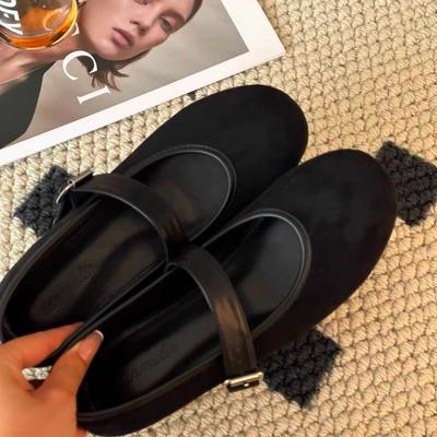 Женские туфли на низком каблуке Весна Новые с круглым носком с неглубоким вырезом Замшевые с металлической пряжкой Мягкая подошва Противоскользящие Износостойкие Туфли с низким верхом