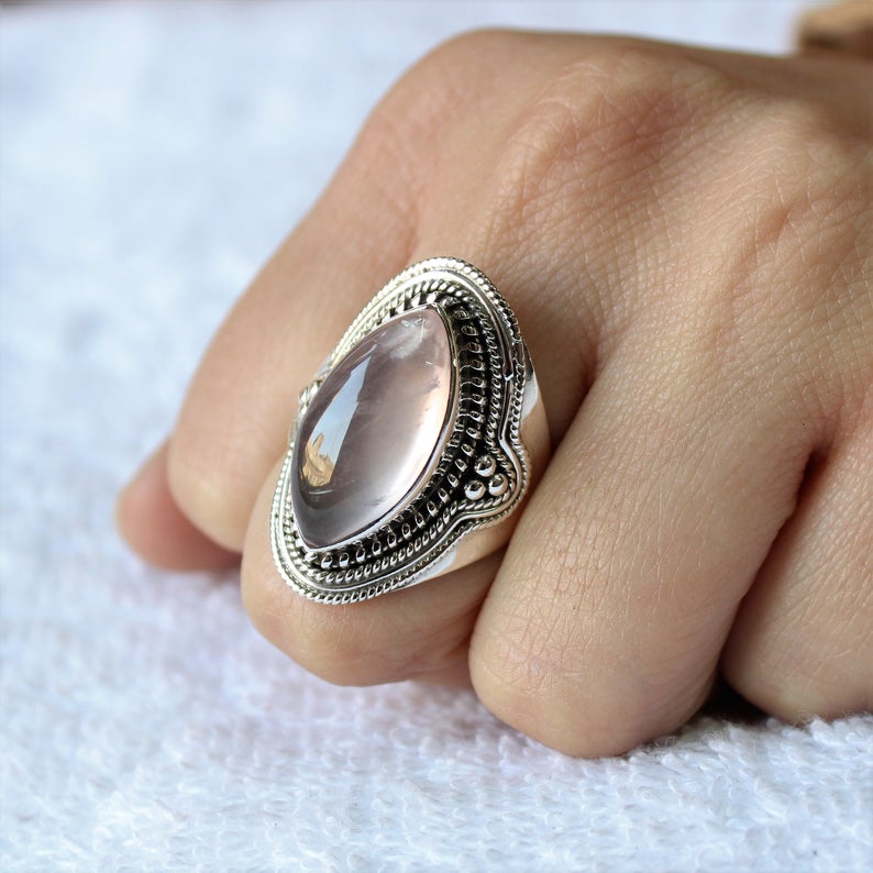 Серебряное кольцо из розового кварца, стерлинговое серебро 925 пробы, женское кольцо ручной работы, кольцо с розовым драгоценным камнем, подарок для нее, кольцо в стиле бохо, новогодний подарок,