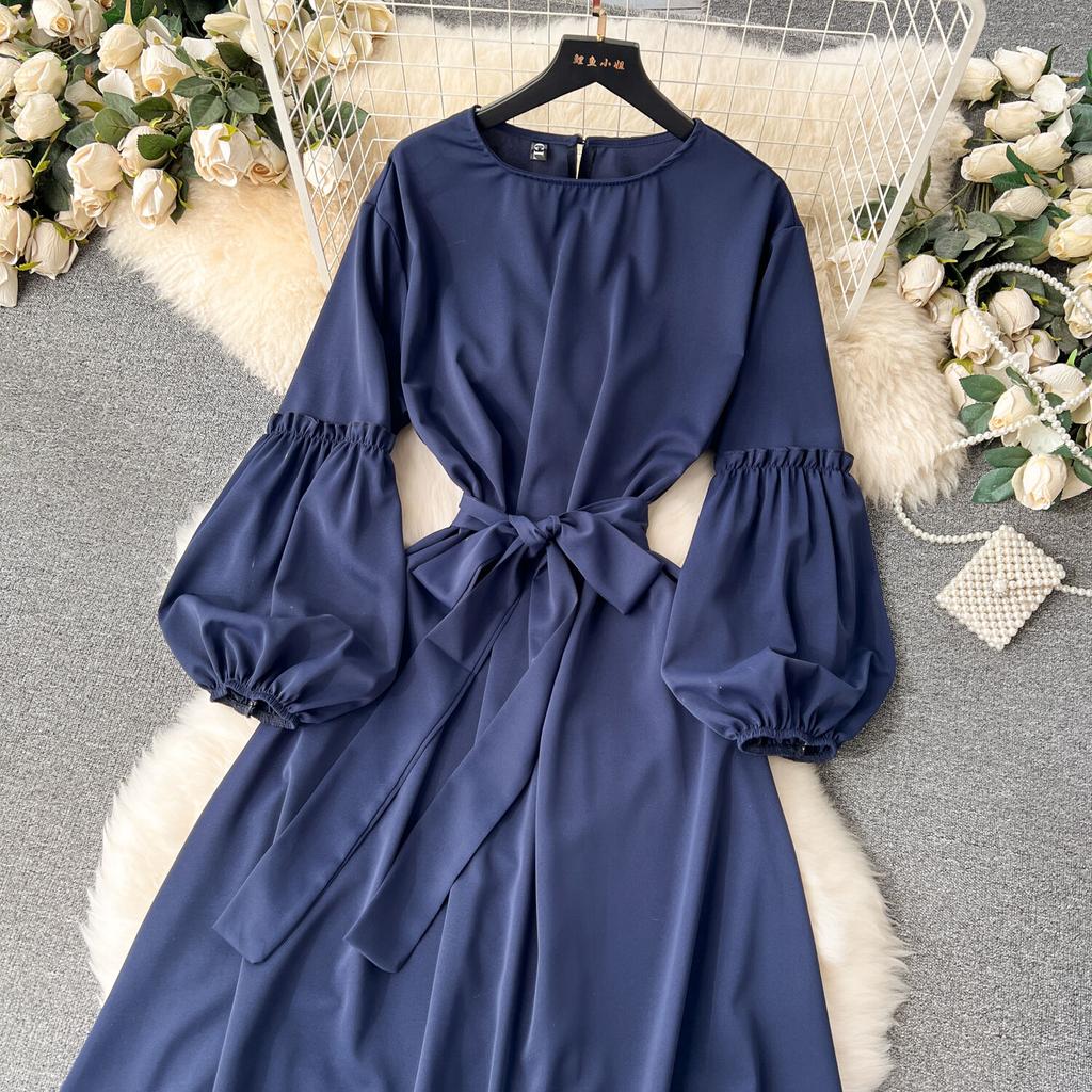 Женские винтажные милые платья средней длины с высокой талией А-силуэта с круглым вырезом и рукавами-фонариками на шнуровке Vestidos весна-лето Женское платье