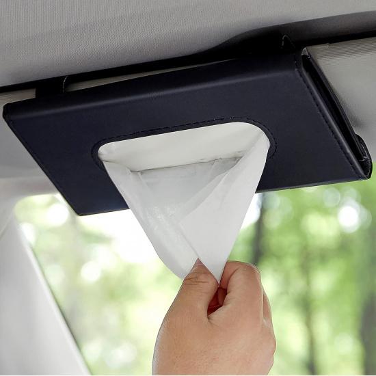 Car Tissue Holder, Upgraded Version Hanging Tissue Holder In Car, Premium PU Leather Car Napkin Holder For Universal Auto, Easy Use (Black)