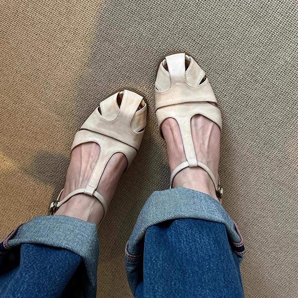 Версия из овчины ~ ретро-круглый носок полые летние кожаные сандалии женские однословные с полым толстым каблуком литературный стиль сумка голова обувь