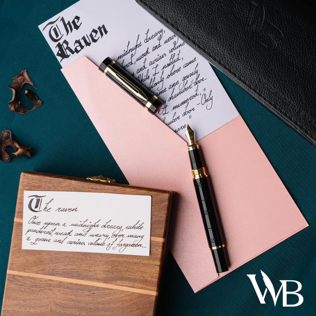 Wordsworth Black Primoli Fountain Pen Set with Medium Gift 24 Ink Refill and Perfect for and Smooth and & [Green Gold] Nib, Case, Cartridges,