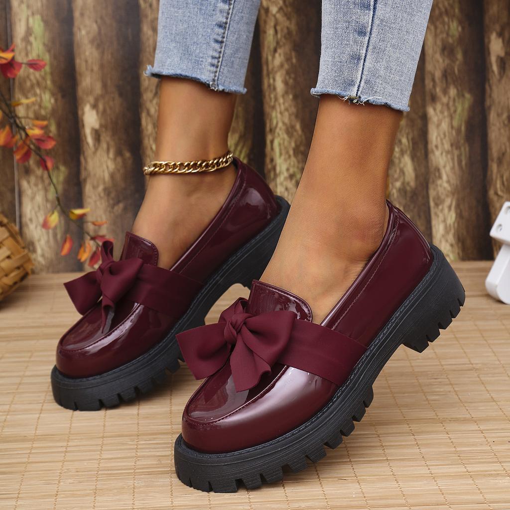 2025 Women's Loafers Round Toe Platform Sole Butterfly-knot One Kick Women Shoes Fashion All-match British Style Leather Shoes