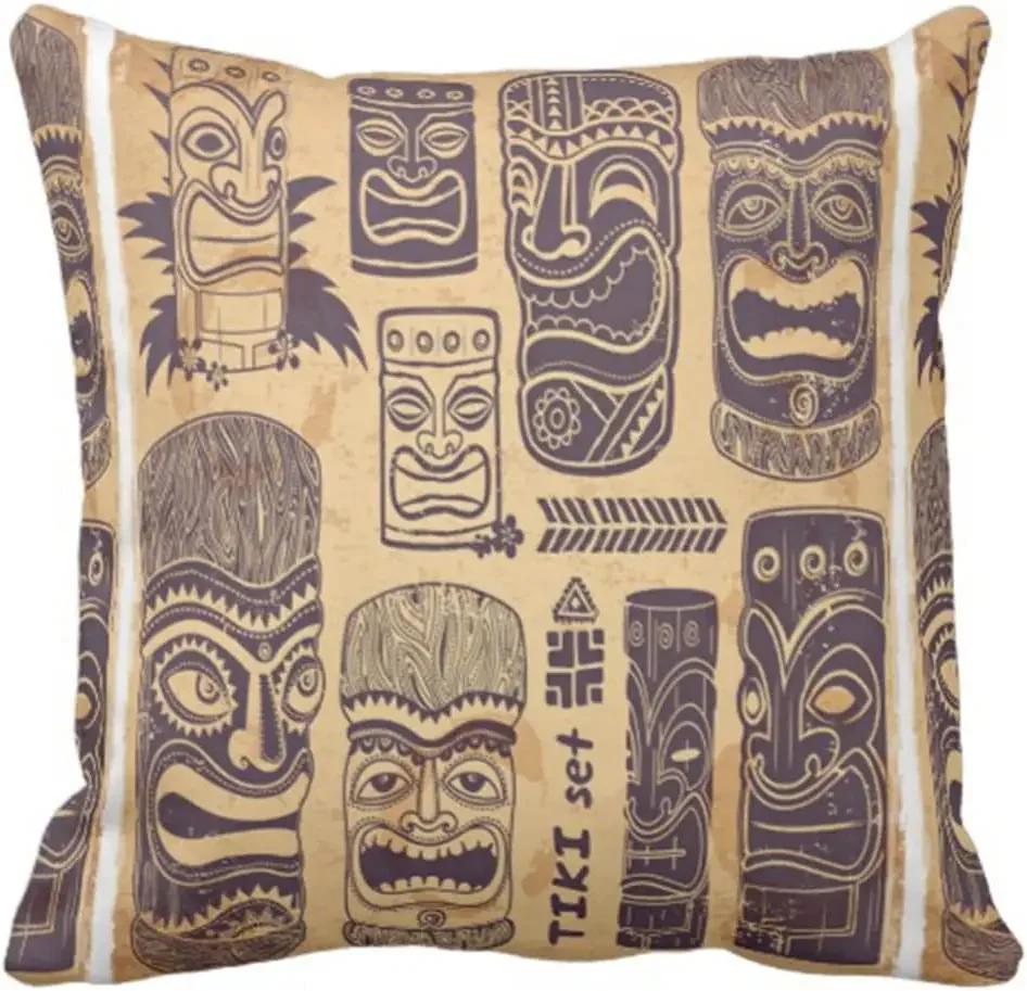 Throw Pillow Cover Cool Grunge Vintage Tiki Set Decorative Pillow Case Tribal Home Decor Square Inch Cushion Pillowcase,