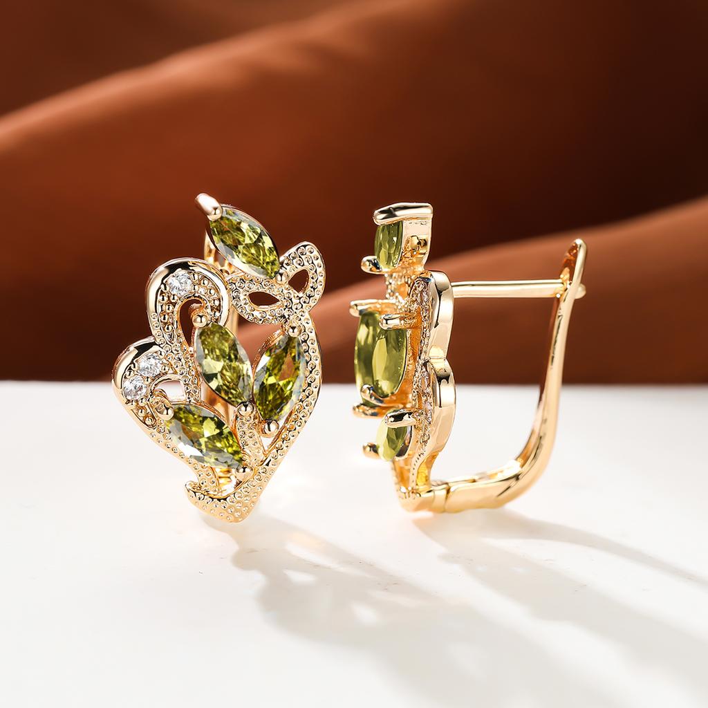 1 пара серег золотого цвета с радужным камнем и цветочным узором в виде листьев, красные, желтые, синие, зеленые, висячие полые серьги с камнями