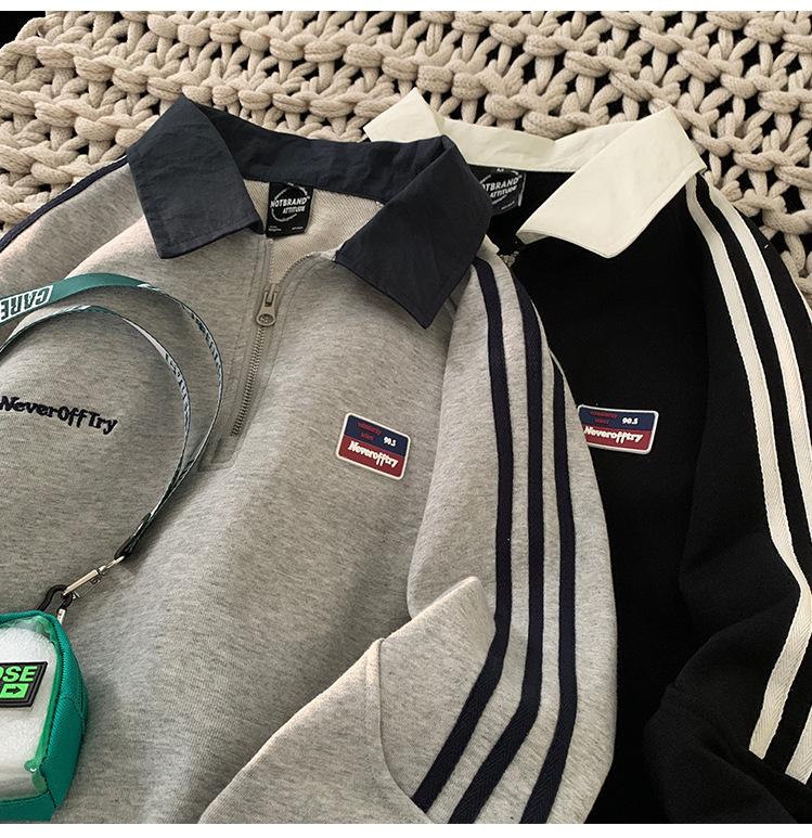 Мужской японский ретро серый поло-свитшот на молнии до половины - Куртка с длинным рукавом на весну/осень