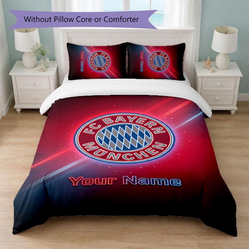 Bayern Munich Custom Name Text Bedding Set 1 Duvet Cover+2 Pillowcases Soccer Logo Personalized Gift For Special Occasion Bedroom Decor