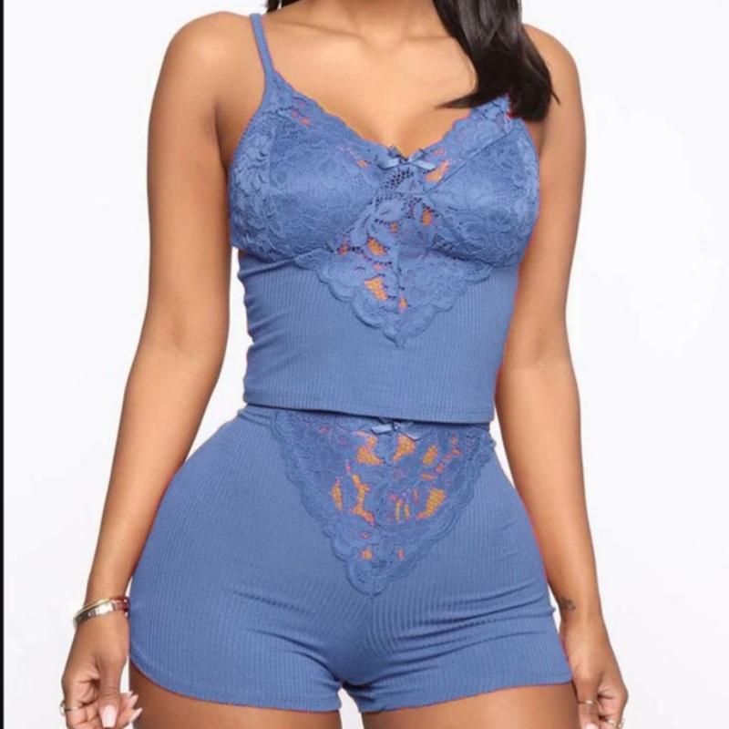 Женские комплекты из двух предметов, лето-весна, пижамы, подтяжки, безрукавка, жилет, шорты, брюки, домашняя одежда, модал, шнуровка, полый V-образный вырез, сплошной цвет
