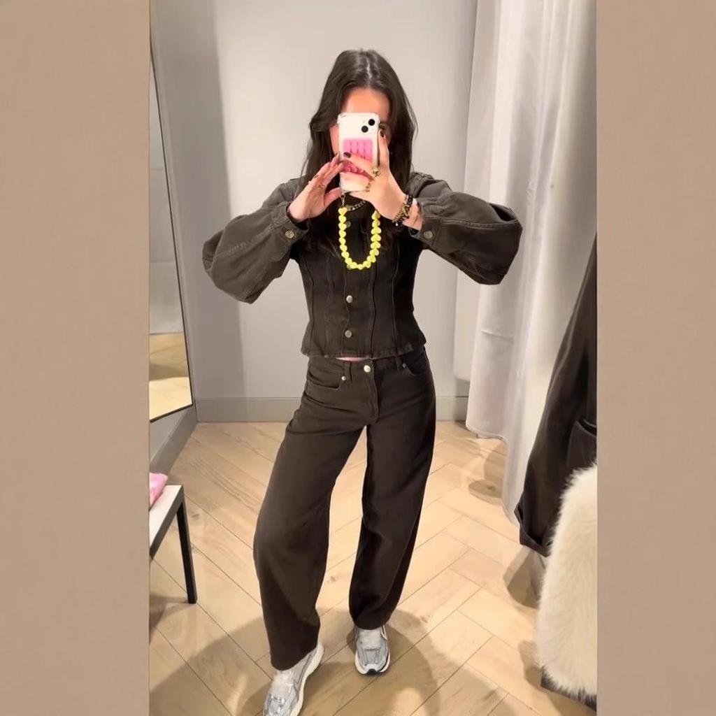 Европейский и американский женский ретро облегающий джинсовый комплект на одной пуговице с брюками широкого кроя - Модный стиль