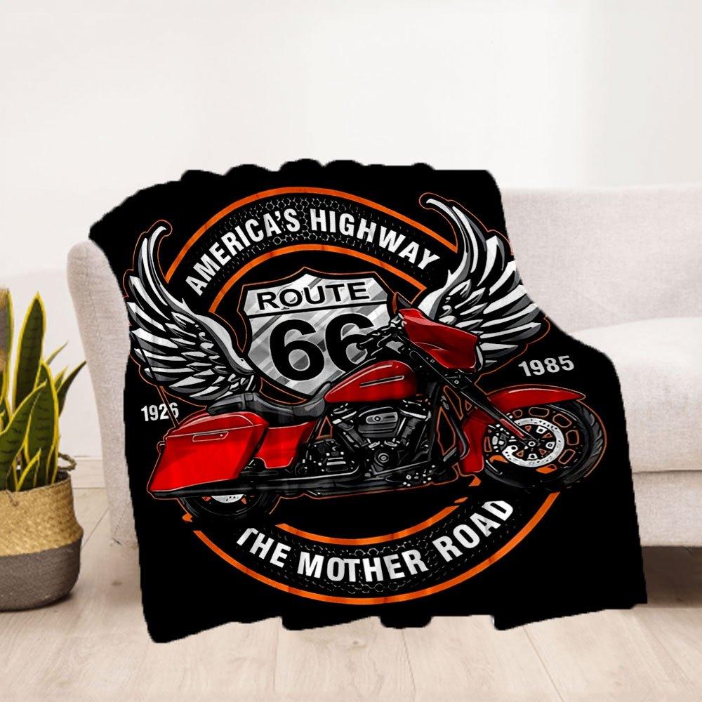 Route 66 Motorcycle T-Shirt - America's Highway TeeBlanket Flannel Throw Blanket for Sofa, Bed, Travel, Camping, Office, Couch, Chair, And B