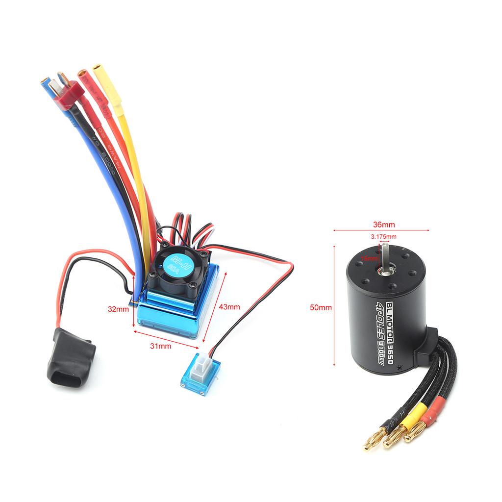 3650 Brushless Motor 3100KV with 80A Brushless ESC Heat Sink Programming Card for 1/8 1/10 RC Car