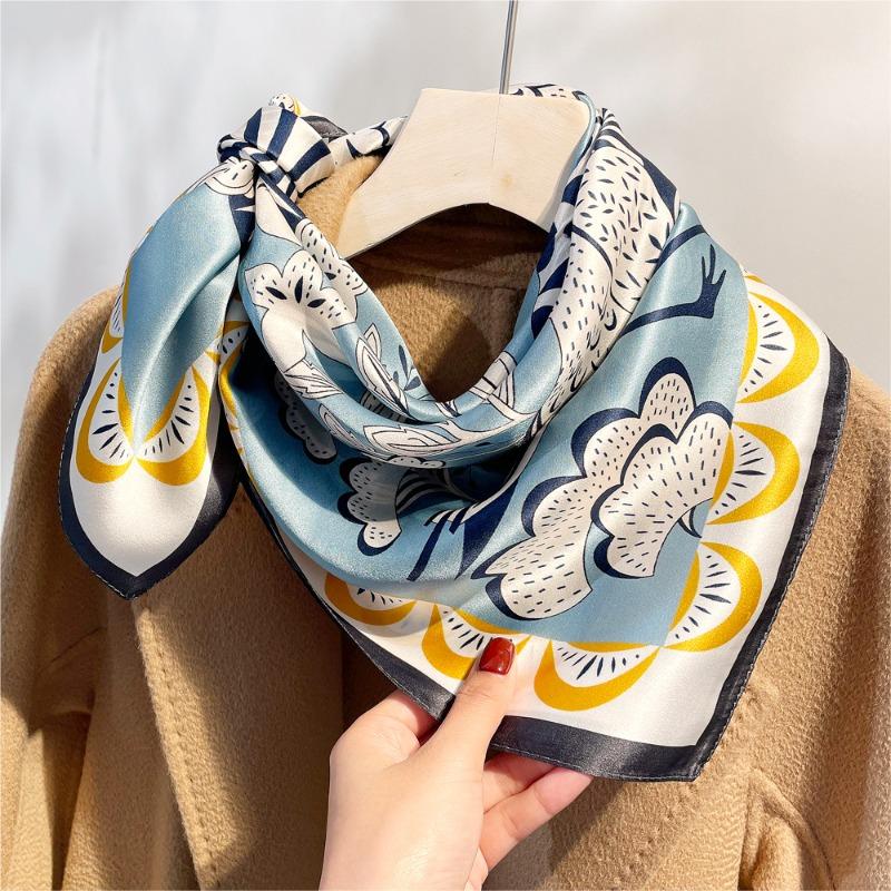 Spring New Blue Peony Printed Silk Scarf Women's Mulberry Silk Plain Crepe Satin Small Square Scarf Versatile Scarf