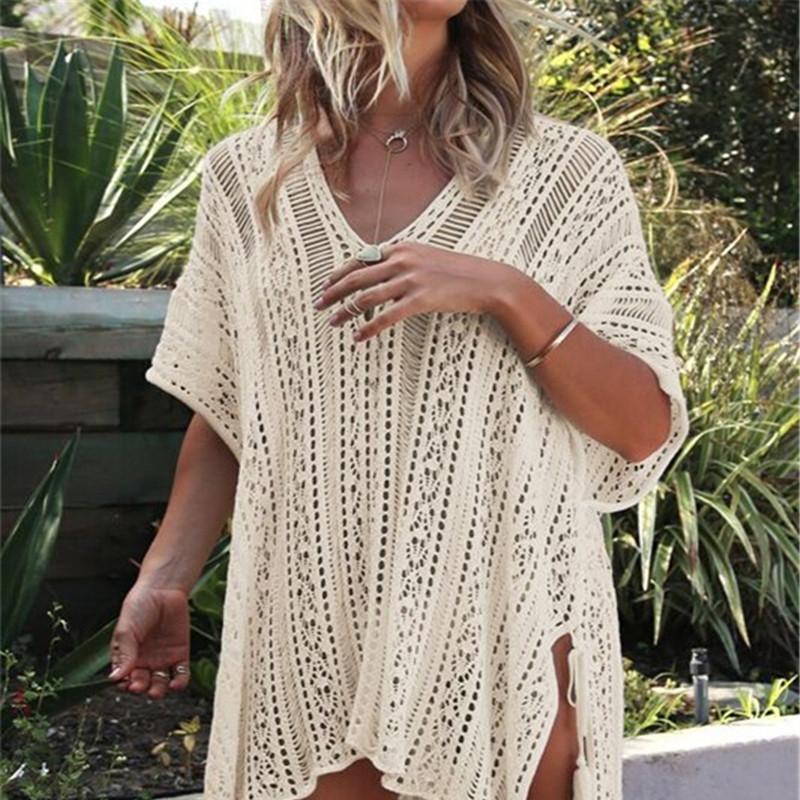 2022 New Arrivals Sexy Beach Cover Up White Crochet Robe De Plage Pareos for Women Swim Wear Saida De Praia Beachwear Coverups Q206