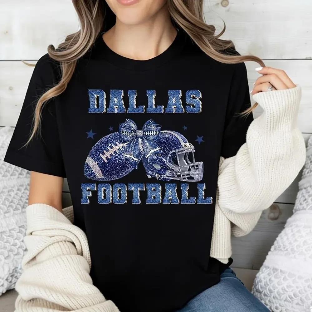 Dallas Football Glitter Helmet And Ball Bow Print Women T-Shirt, NFL Team Spirit Fan Apparel, Casual Game Day Wear