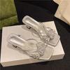 Hot Selling 2025 New Women Sandals Shoes Fashion Flower Decor Thin Heel Ladies Slides Silver Party Female High Heel Slippers
