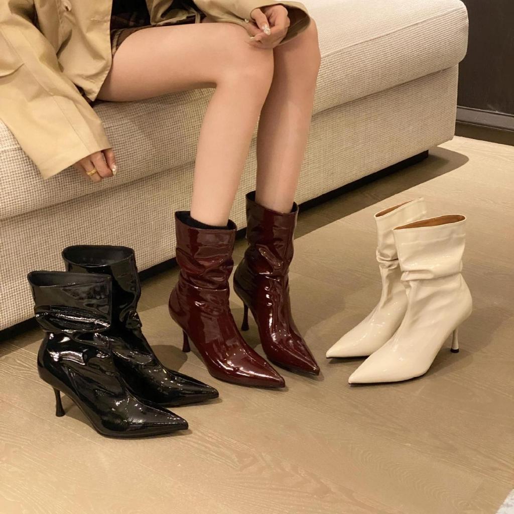 High-heeled Short Boots Women's 2025 Autumn and Winter New Thin-heeled Sleeve Short Tube Wrinkled Stacking Boots Elastic Thin Boots Martin Boots