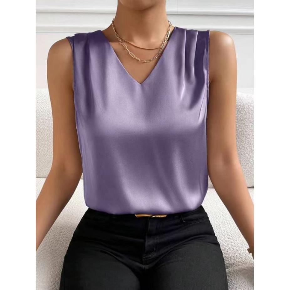 Women's Elegant Chic V-neck Vest for Summer Vacation Solid Color Versatile Sleeveless Shirt for Women Blouses & Shirts