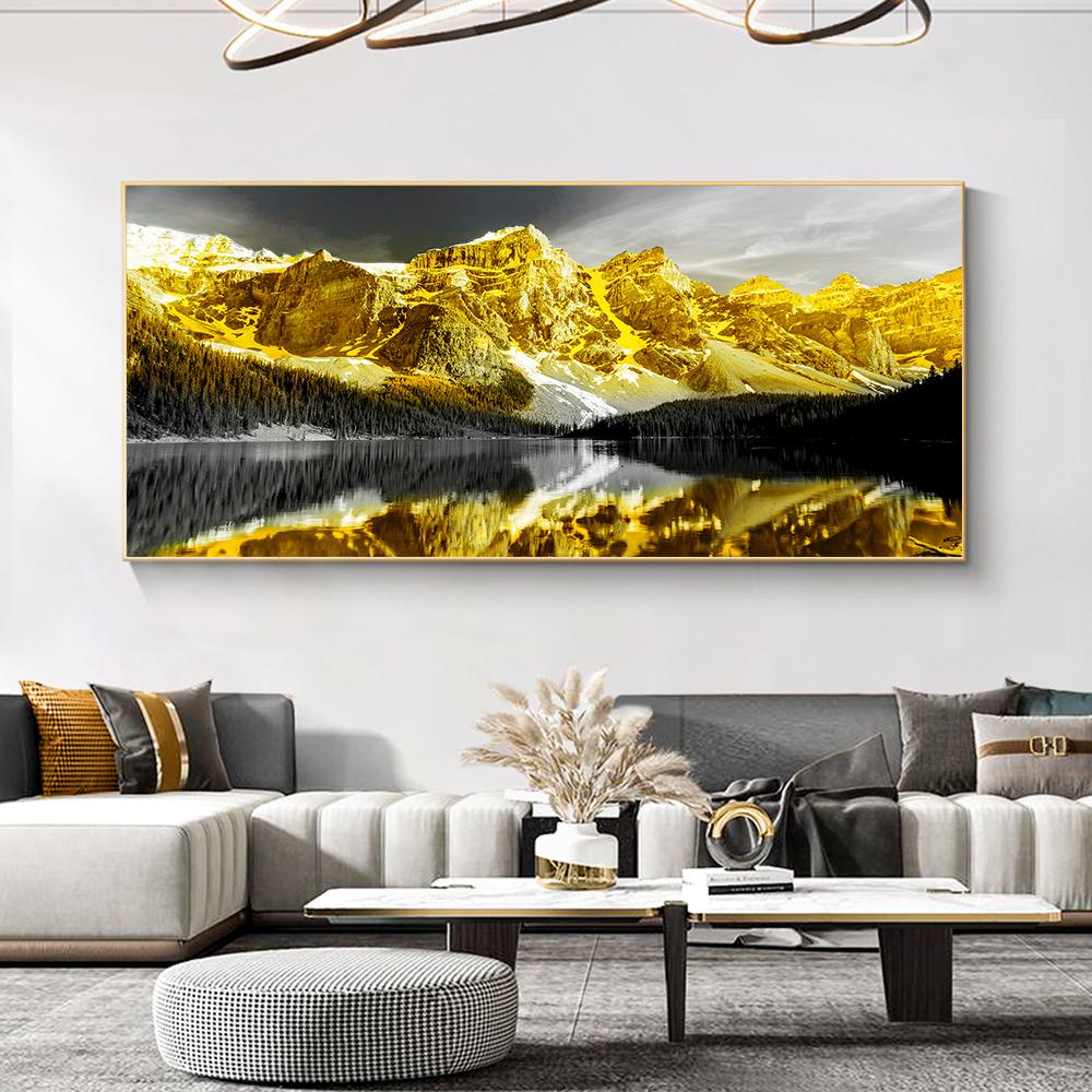 Черно-белое произведение искусства, золотой горный пейзаж, холст, картина, скандинавский постер и принт, настенное искусство, современный декор для гостиной, фото