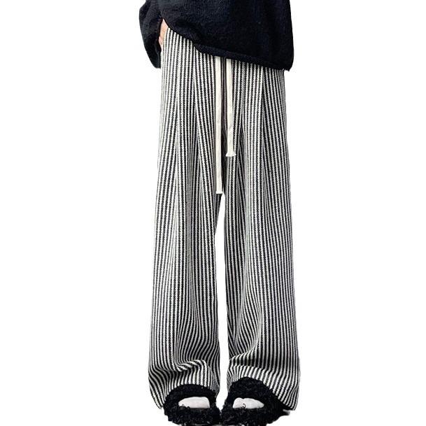 High-Quality Women's Retro Striped Wool Pants - Autumn/Winter Casual High-Waisted Slimming Straight-Leg with Wide-Leg Drape