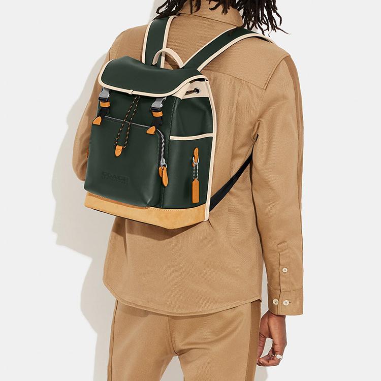 Coach League 28 Drawstring And Buckle Closure Color Block Leather And Fabric Backpack Women Backpack Green Beige CH761-VIA