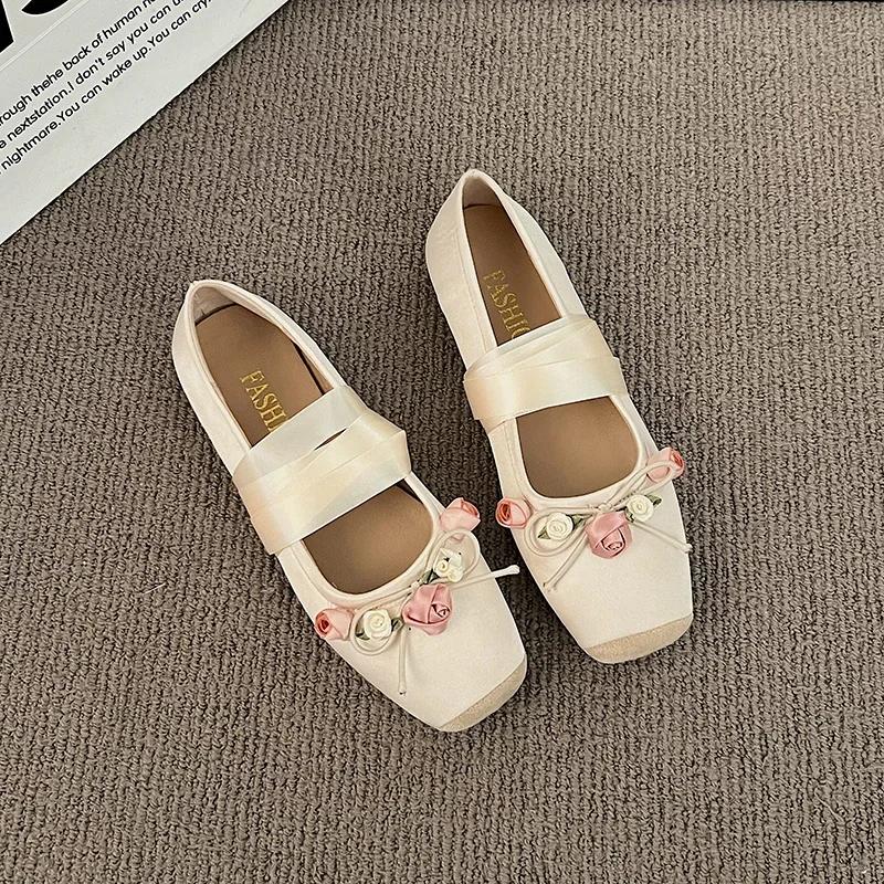 2024 Luxury Lace Tie Leg Satin Silk Ballet Flats Woman Square Toe Bowknot Elastic Band Ballerinas Ladies Wedding Floral Shoes