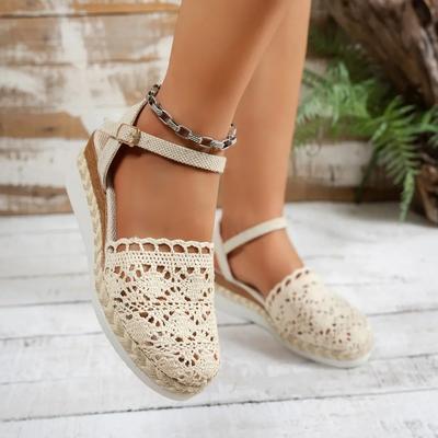 Модные сандалии эспадрильи под закрытый носок эспадто-браслет на щиколотку с деталью из текстильного кружева с пряжкой женская танкетка из эспадто и платформа