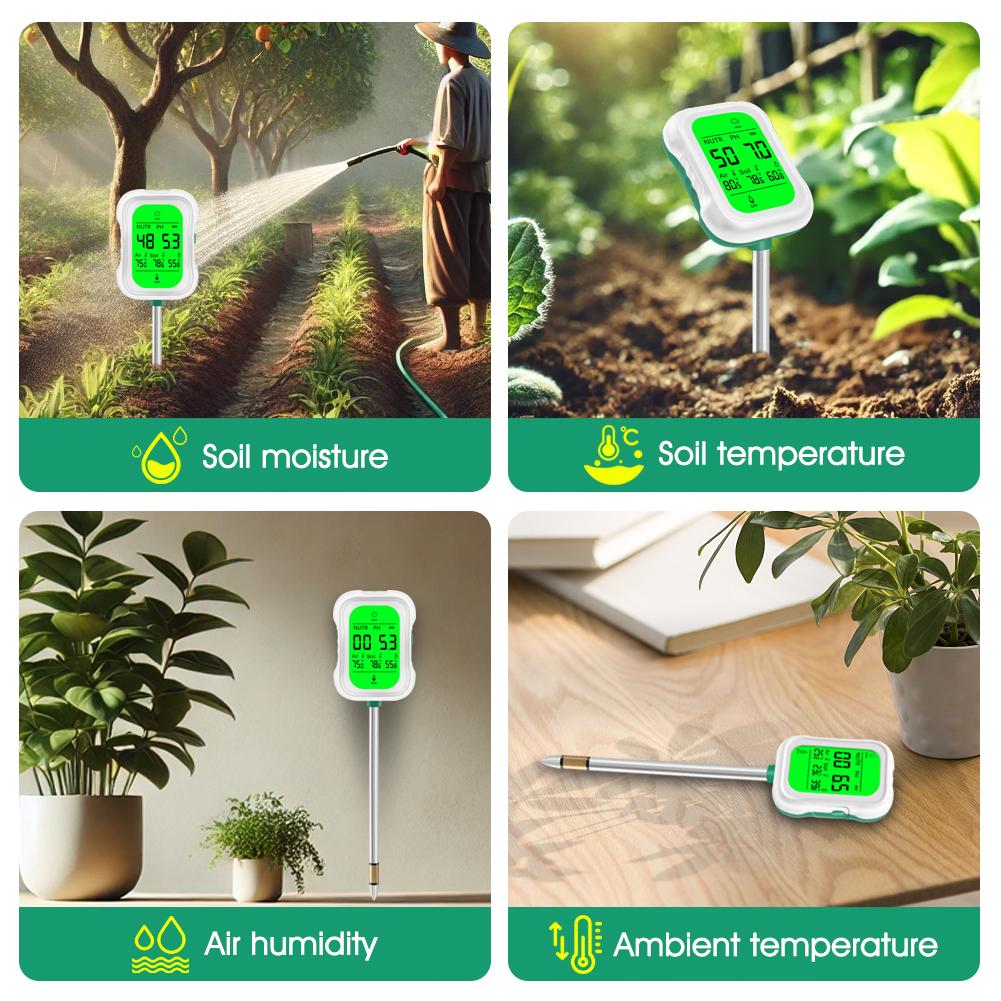 Цифровой измеритель pH почвы 7 в 1, тестер pH почвы, детектор плодородия, влажность почвы, солнечный свет, влажность окружающей среды, монитор температуры для садовой фермы