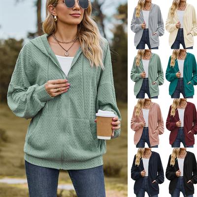 Толстовка с капюшоном на молнии для женщин, осенняя, с длинным рукавом, повседневная, эластичная, однотонная куртка, однотонное пальто на шнурке для женщин с карманами