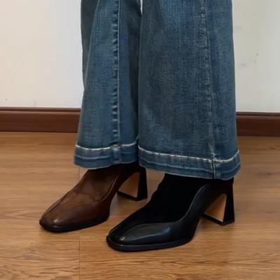 Ретро Сплайсинг Эластичные Ботинки Женственность Универсальные Квадратный Носок Задняя Молния Ботинки Мартин