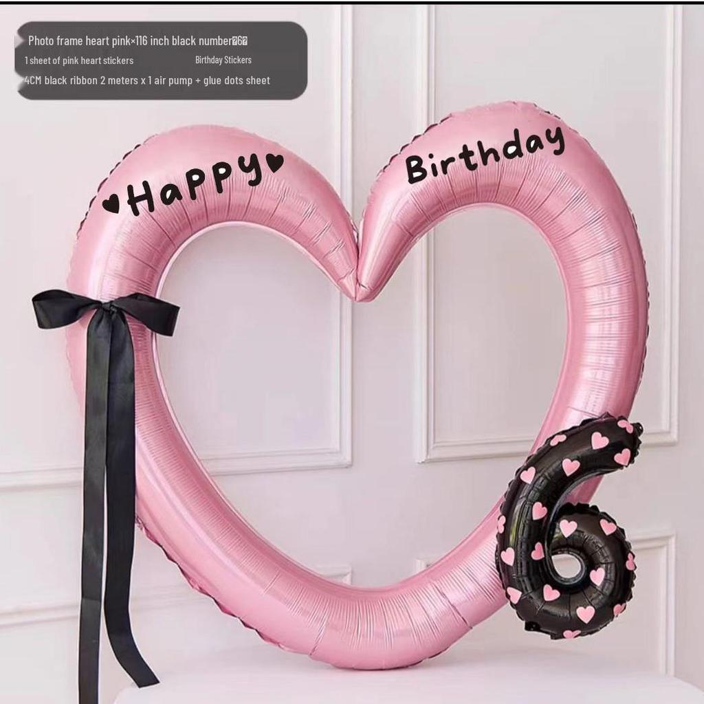 Розовый Большое Сердце Фоторамка Воздушный шар - Алюминиевая пленка Украшение на день рождения для детской вечеринки, Реквизит для фото на первый день рождения