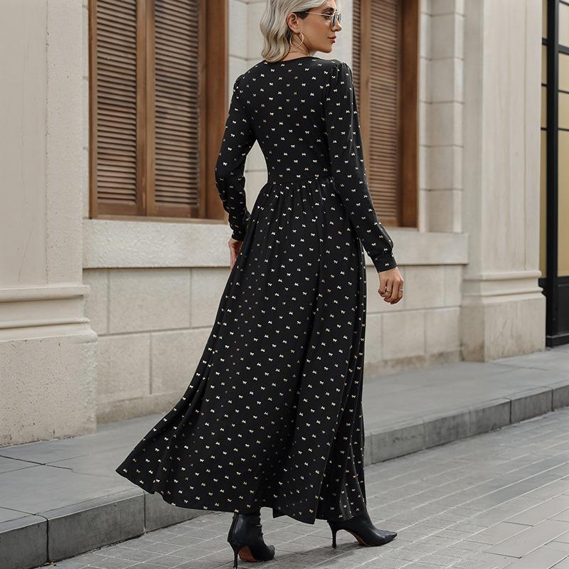 YYFS Женская мода весна осень длинные рукава V-образный вырез высокая талия повседневные платья