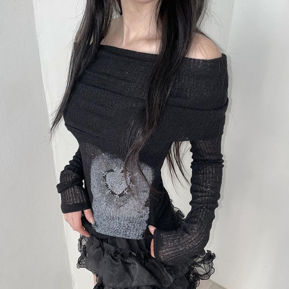 Прозрачная темная футболка с принтом Повседневная футболка с разрезом по горловине и длинным рукавом Женская мода Уличная одежда для женщин