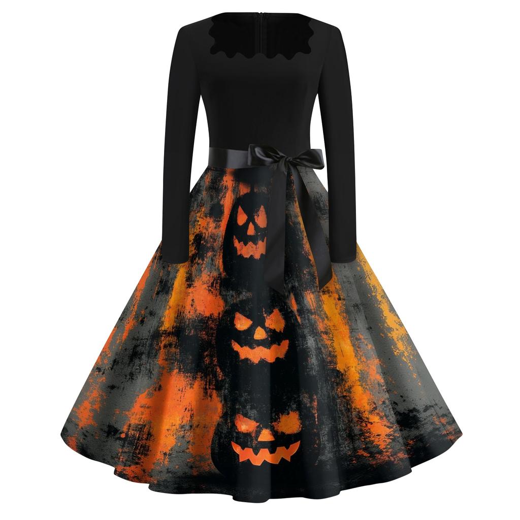 Women's Casual Vintage Halloween Print Dress Square Neck Long Sleeve Fit Flare Midi Dress with Waist Tie for Seasonal Occasion