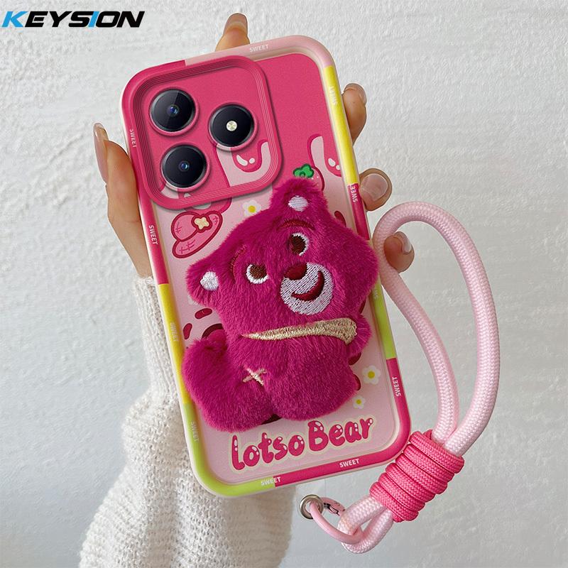 KEYSION Милый 3D мультяшный плюшевый чехол для Realme C63 C61 со шнурком Мягкий силиконовый противоударный чехол для телефона Realme C53 C51