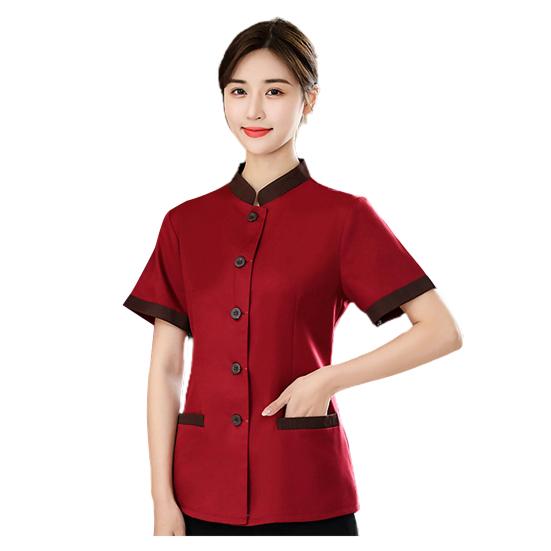 Hotel Housekeeping Uniform Women Slim Fit Top Stand Collar Short Sleeve Single Breasted Pockets Work Uniform Tops