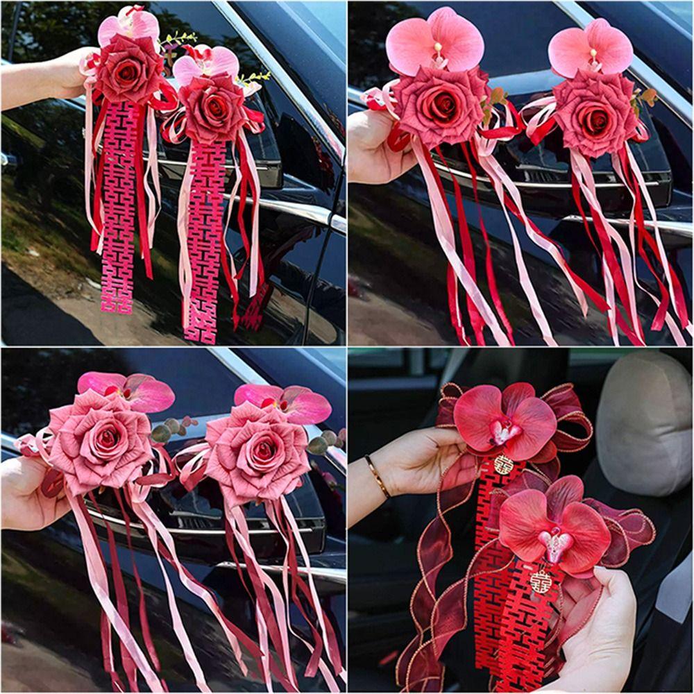 2Pcs Suction Cup Ribbon Wedding Car Flower Bowknot Bridal Car Decoration Photo Props