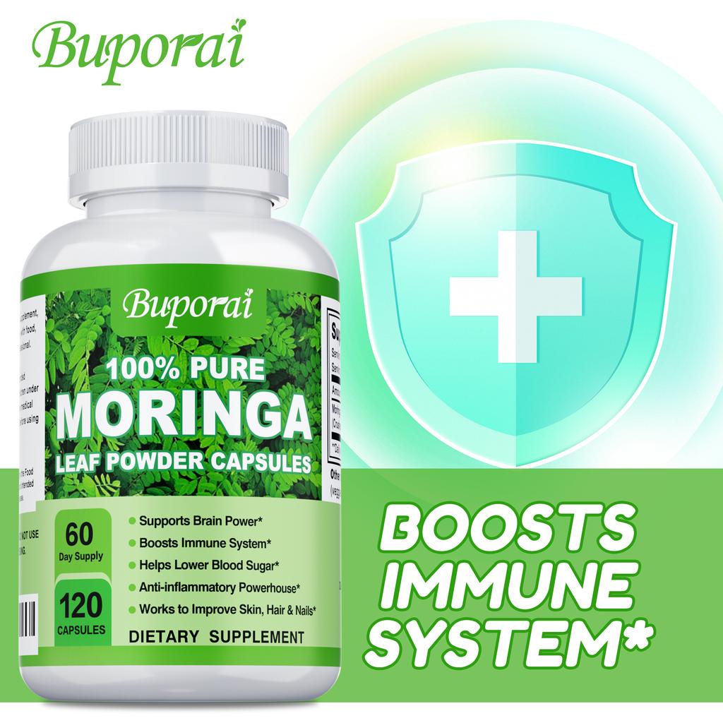 Buporai - 100% Pure Moringa Leaf Powder Capsules - Vitamins, Minerals, and Antioxidants - Energy