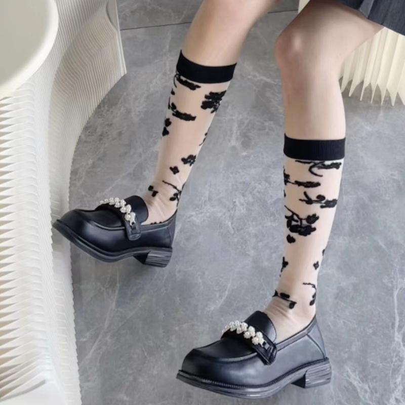 Summer Ultra-thin Transparent Nylon Long Socks Stockings Japanese Fashion Flower Knee Socks Vintage Crystal Silk Socks Stockings