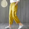 Women Solid Color Elastic Waist Ankle Length Pants Spring Summer Cotton Linen Pocket Ladies Trousers