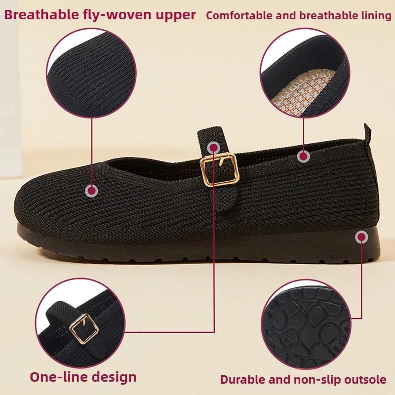 Женские туфли на плоской подошве, новые на весну и осень, туфли для мам, вязаный верх с башенной пряжкой, женская обувь