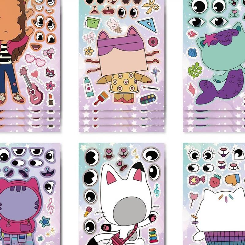 6 листов кукольного домика Габби, наклейки-пазлы для лица, мультяшные интерактивные головоломки для родителей и детей, наклейки для лица своими руками